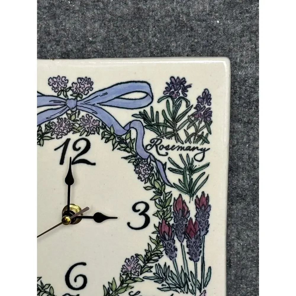 Vintage Santa Barbara Ceramic pottery wall clock TESTED herbs garden ribbon 12x8